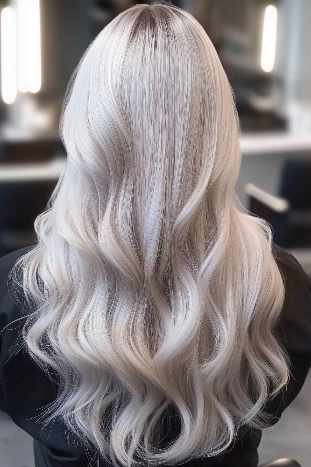 Back view of silver blonde waves with dark roots