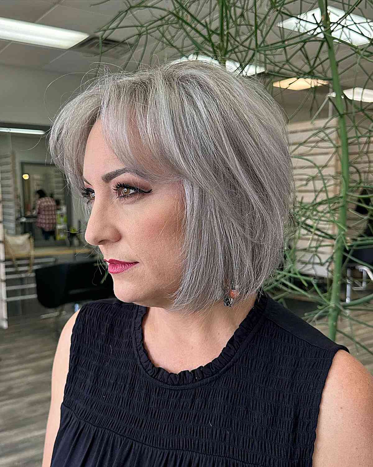 Silver Bob with Curtain Bangs for Women Aged 40 and Up
