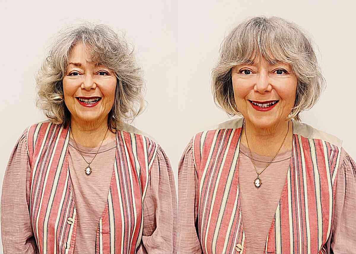 Silver Chin-Length Bob with Bottleneck Bangs for ladies over 70 with aging coarse hair