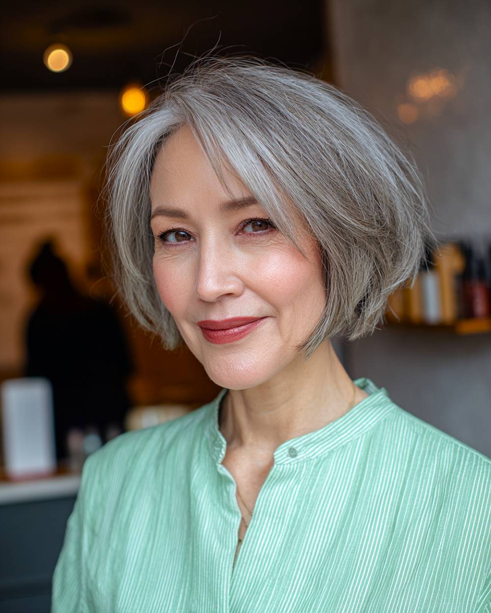 Silver choppy bob with side-swept layers for women in their 50s, adding volume and movement to fine short hair