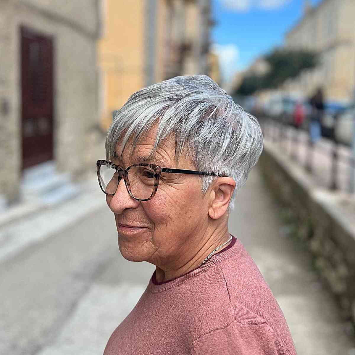 Silver Choppy Pixie with Fringe for Senior Ladies Over 60 with Eyeglasses and Thin Hair