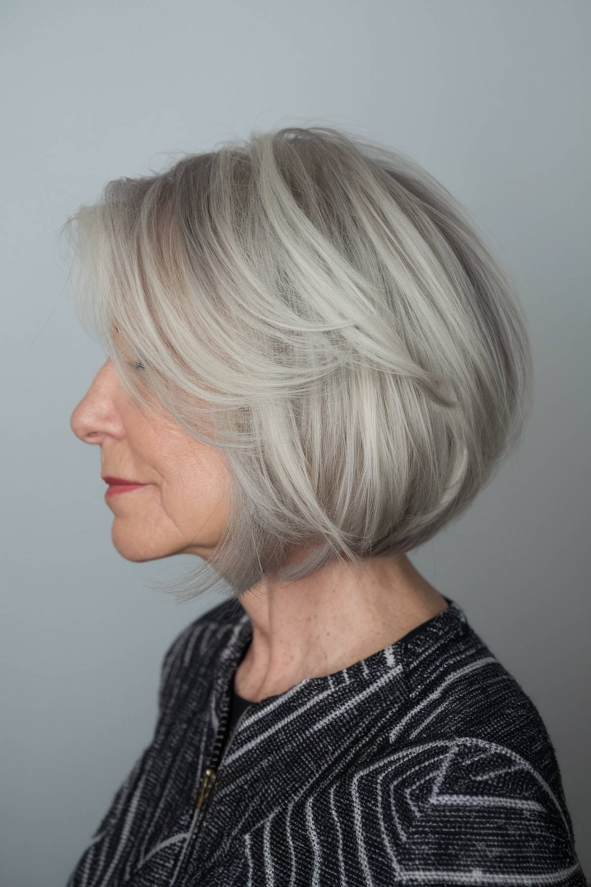 A stunning silver angled bob with soft contouring layers, creating a sculpted, face-framing effect for senior women