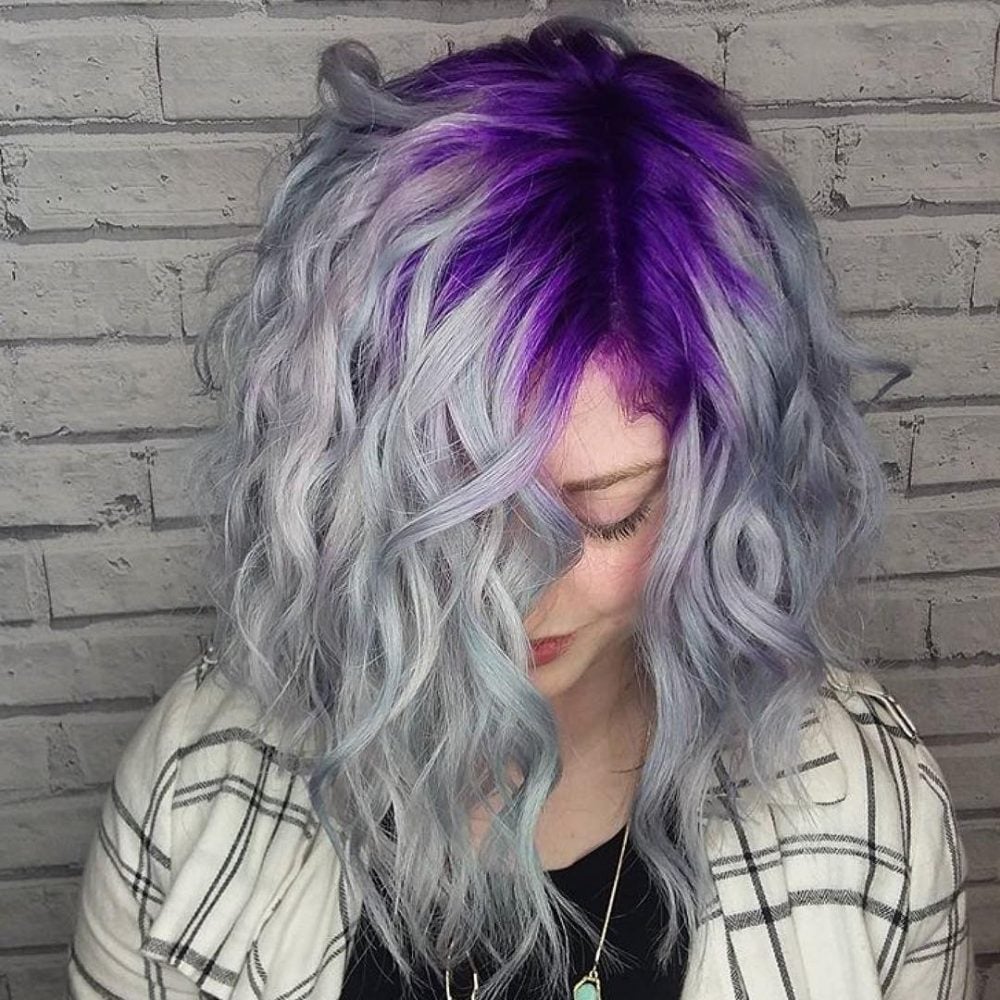 Silver Curled Hair With Purple Roots