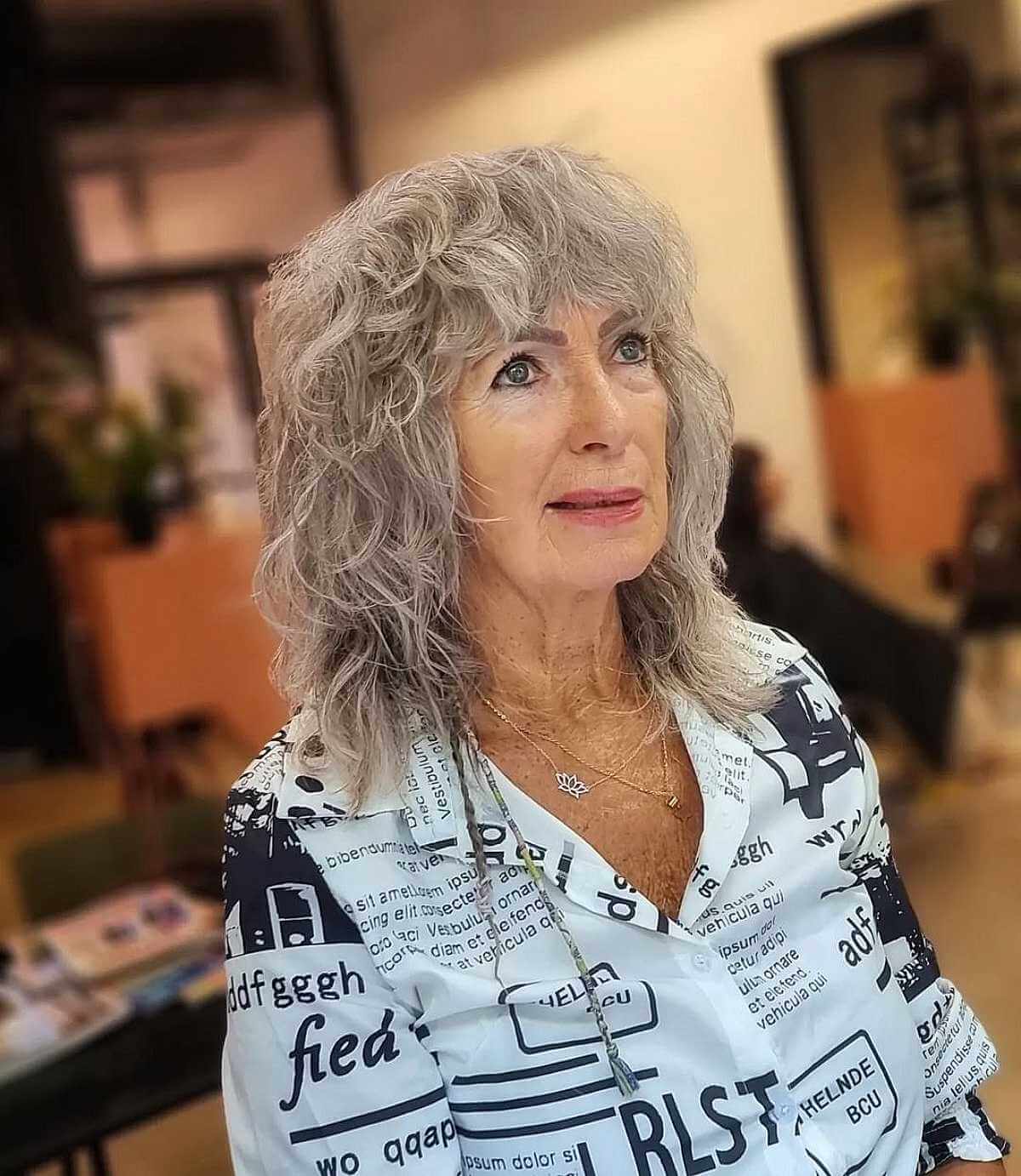Silver Curly Shaggy Cut with Bangs