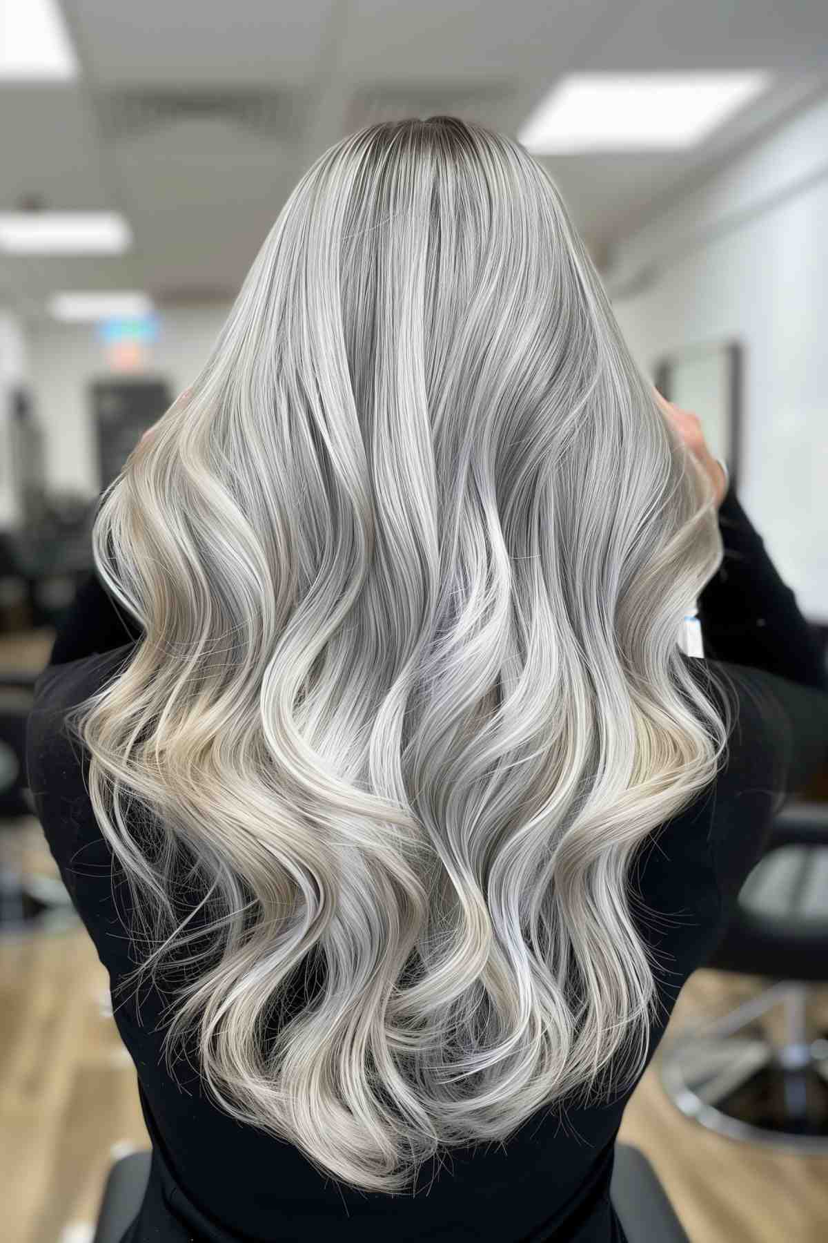 Back view of silver grey waves with dimensional highlights