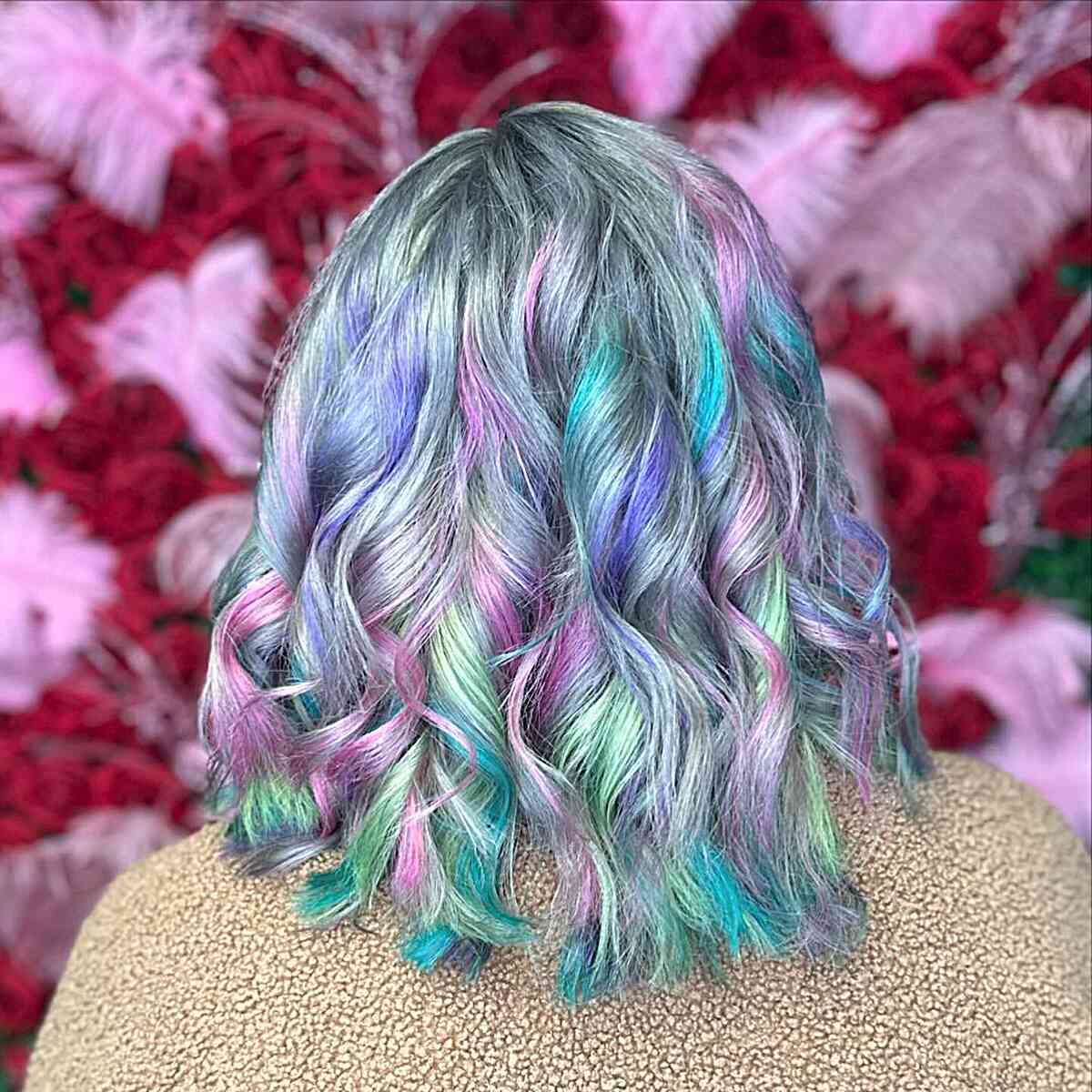Medium Silver Hair with Pastel Cotton Candy Highlights