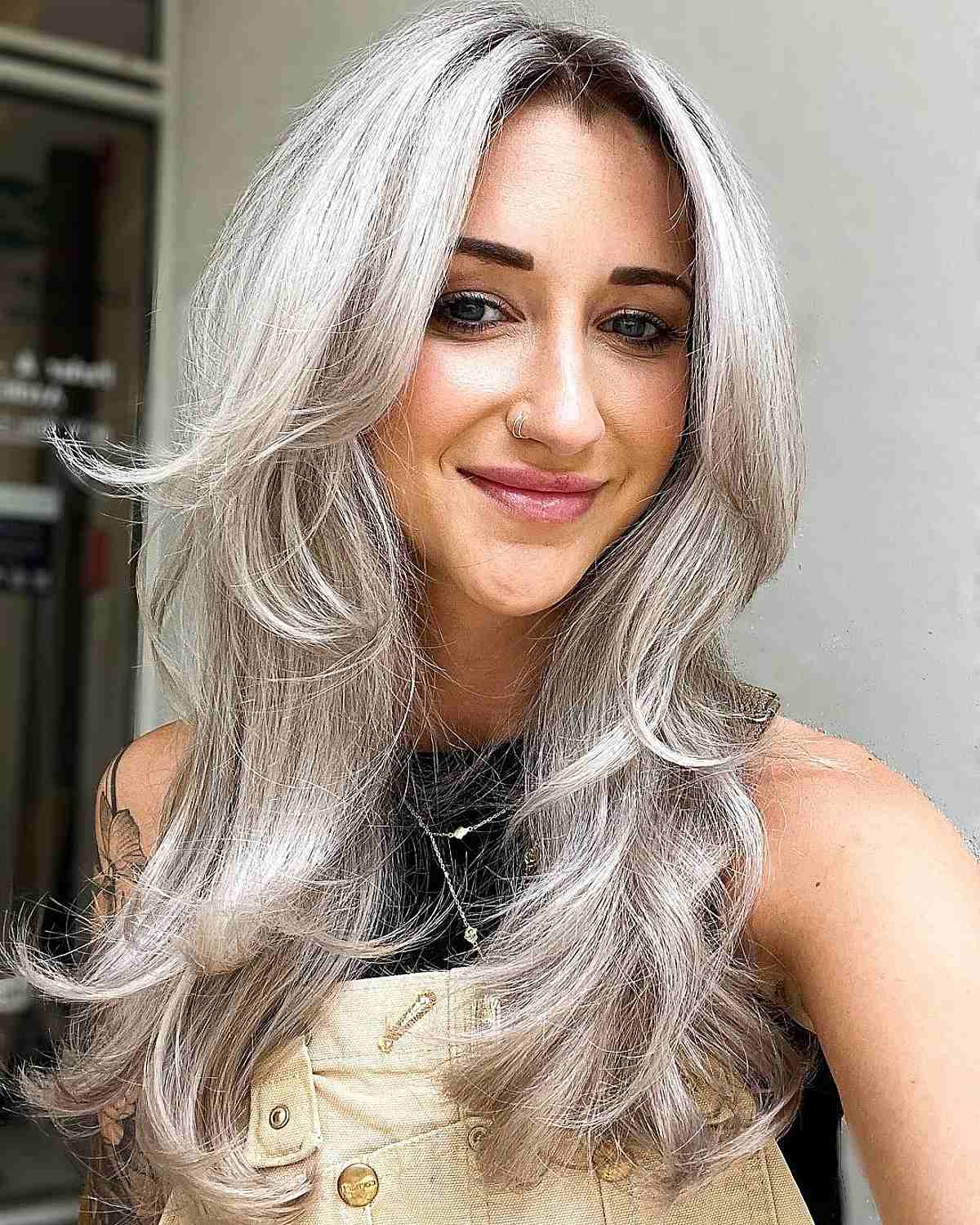 Silver Long Layers with No Bangs