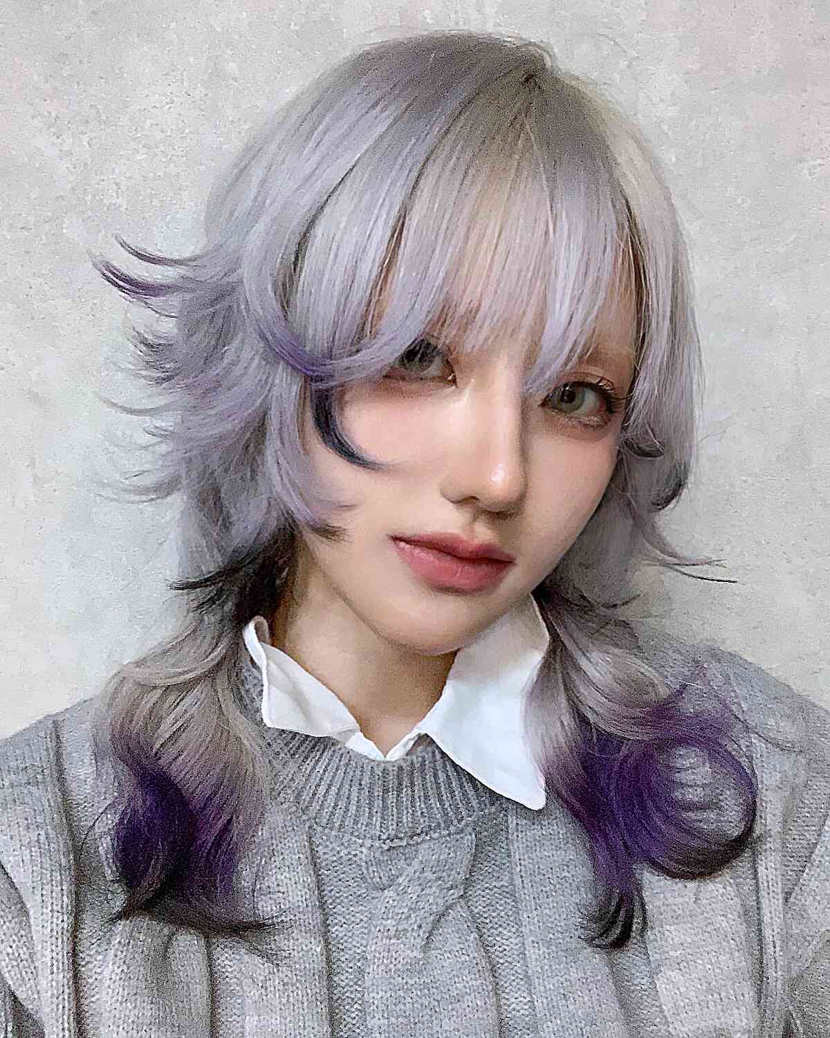 Silver-Purple Ombre Hair with Jellyfish Octopus Layers and Bangs for Medium Hair