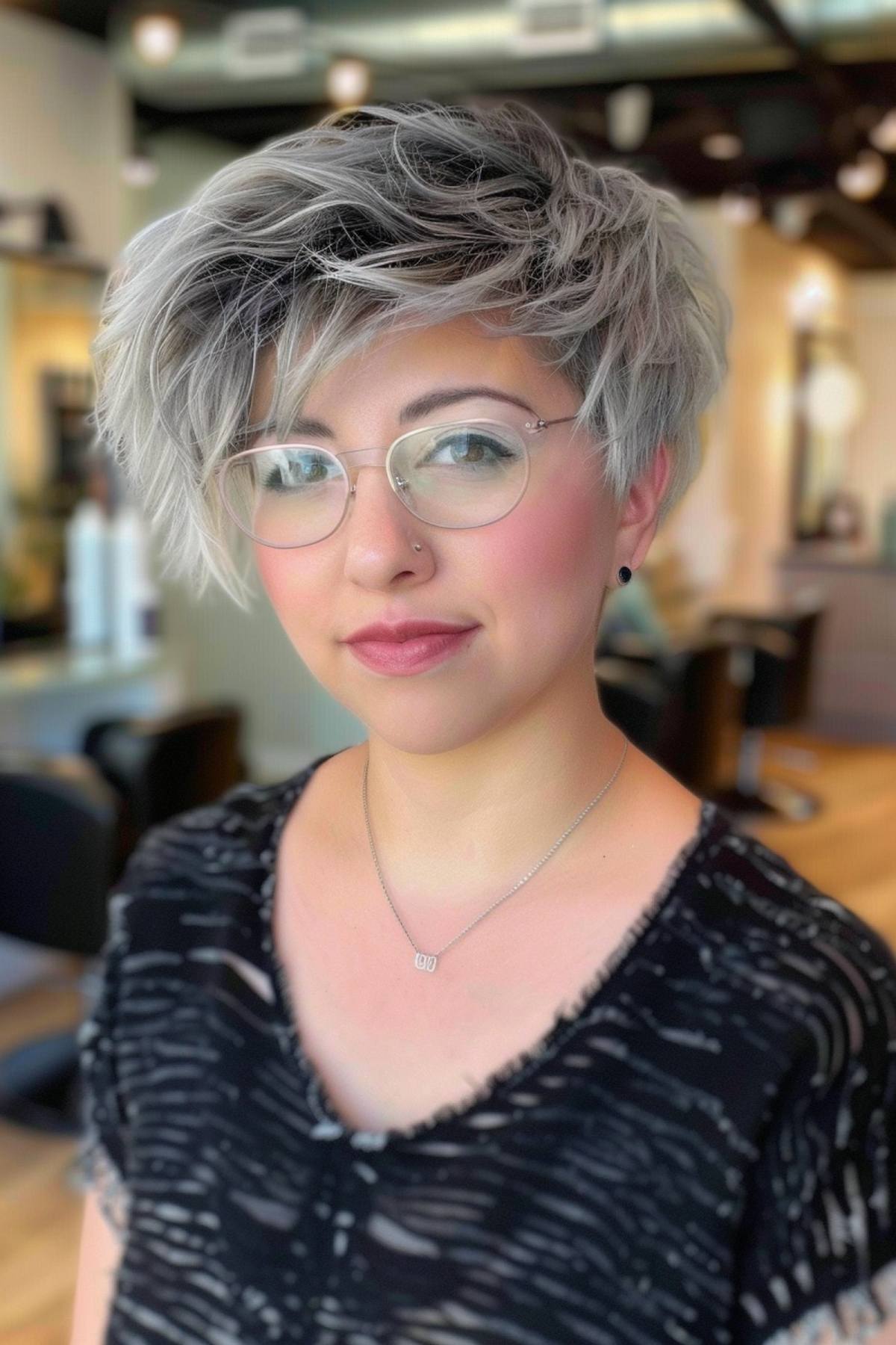 Stylish woman with textured fluffy wave pixie cut in silver and sable tones