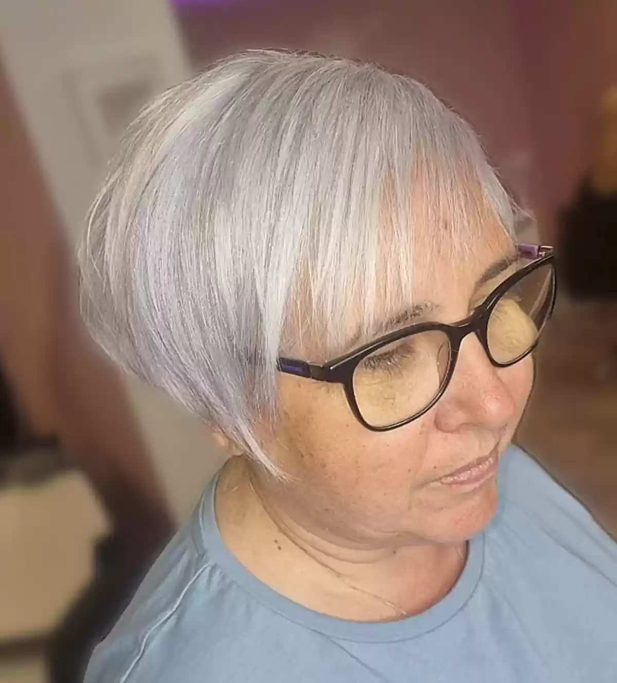 Silver Short Choppy Pixie Hair with Piece-y Bangs for Older Women Over 70 with Glasses
