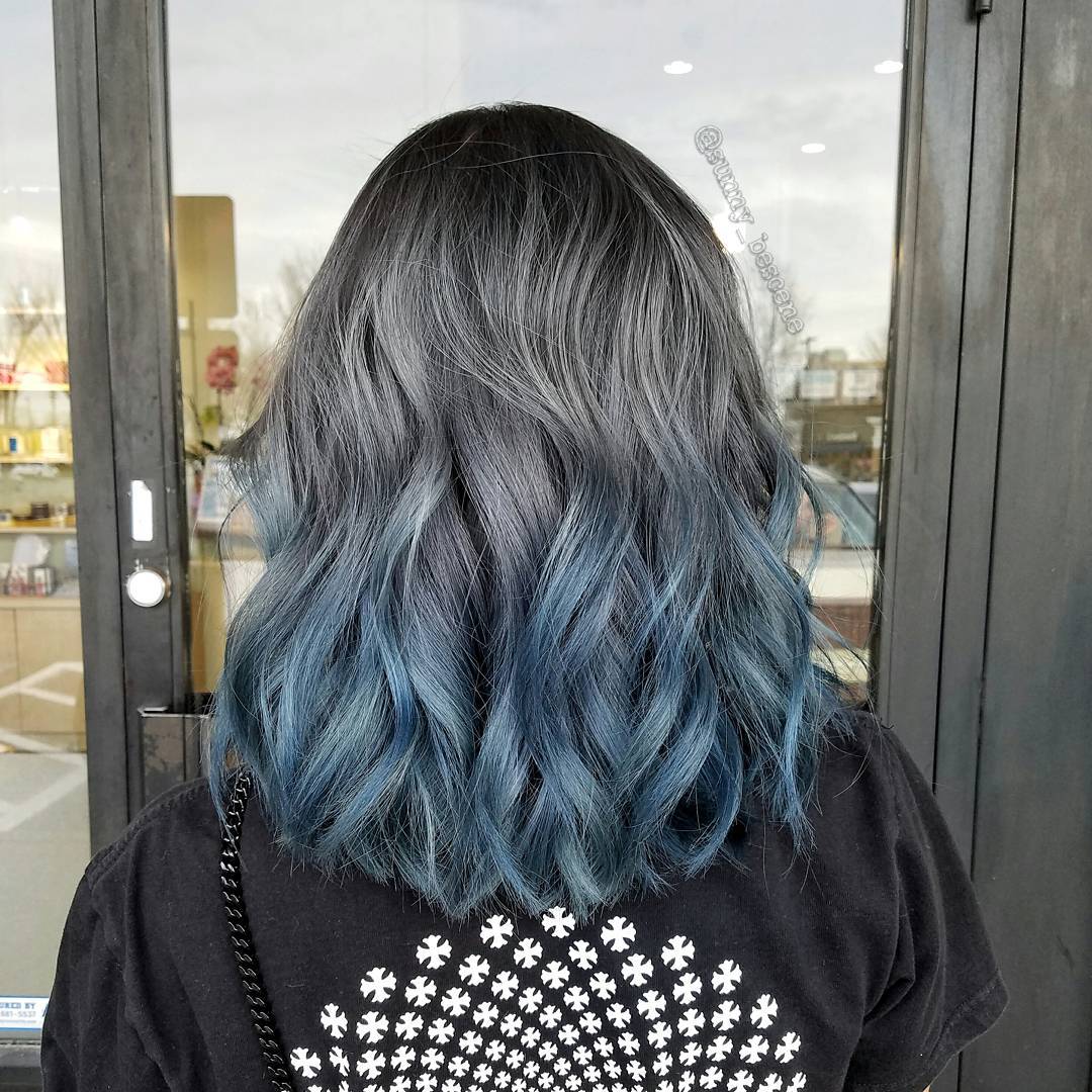 Black Roots with Silver to Blue Ombre