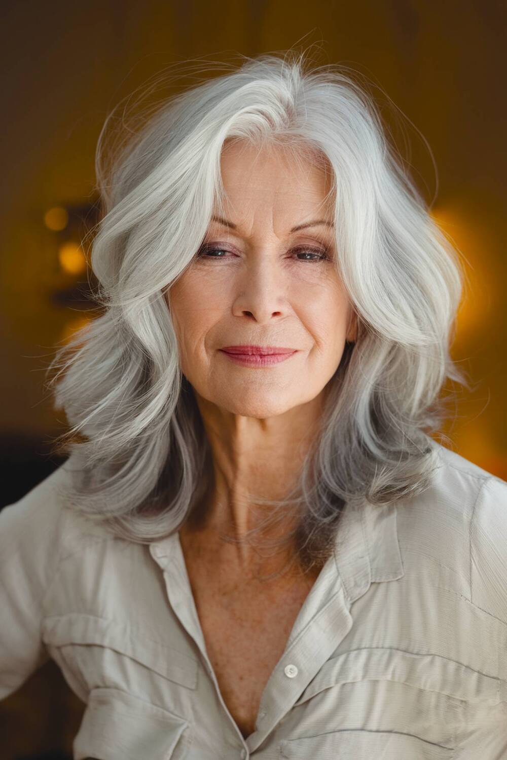 Long bob with silver balayage, enhancing natural gray tones with dimension