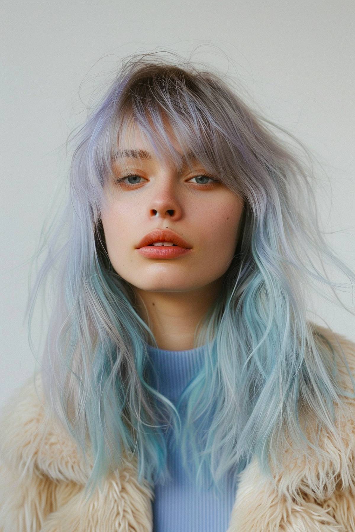 Silver and blue pastel hair with wispy bangs