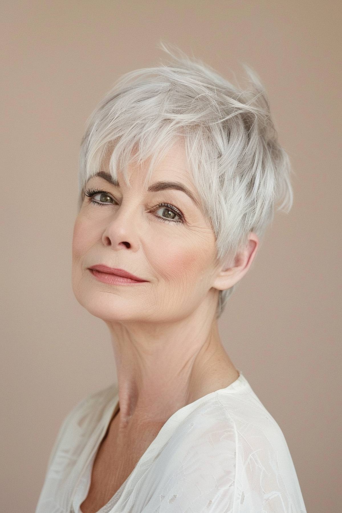 Silver-white pixie cut with feathered layers