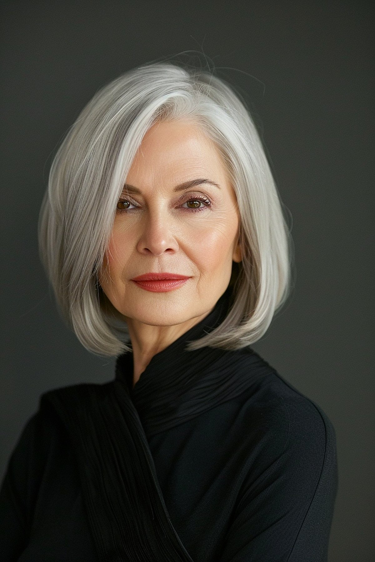 Chin-length silver bob with side-swept bangs for women over 60