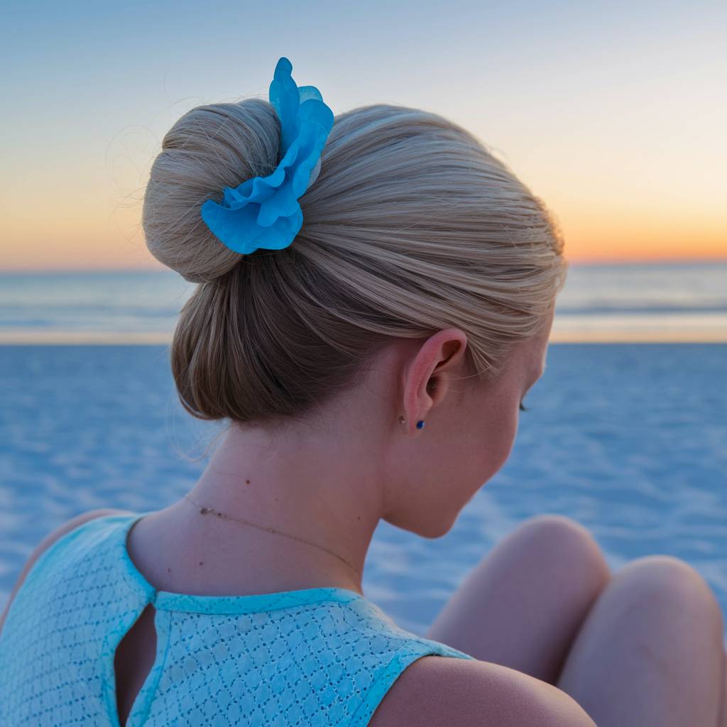 Sleek simple beach hairstyle with smooth low bun and blue floral clip