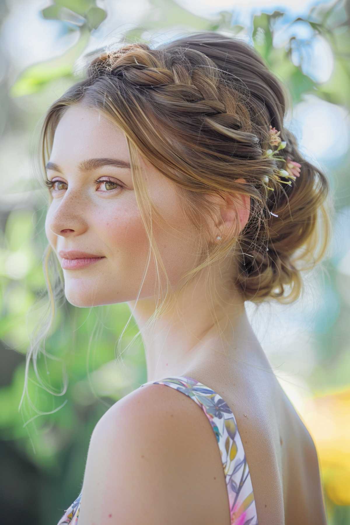 Simple braided bun with loose strands, perfect for a wedding