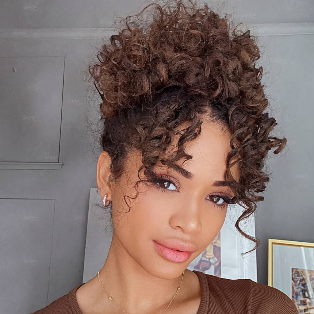 Voluminous simple curly hairstyle with high puff and face-framing curls