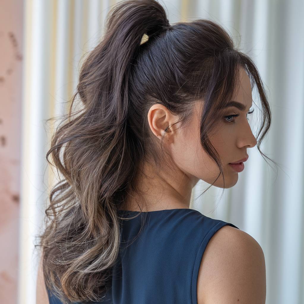 High cute ponytail hairstyle with face-framing tendrils and soft waves