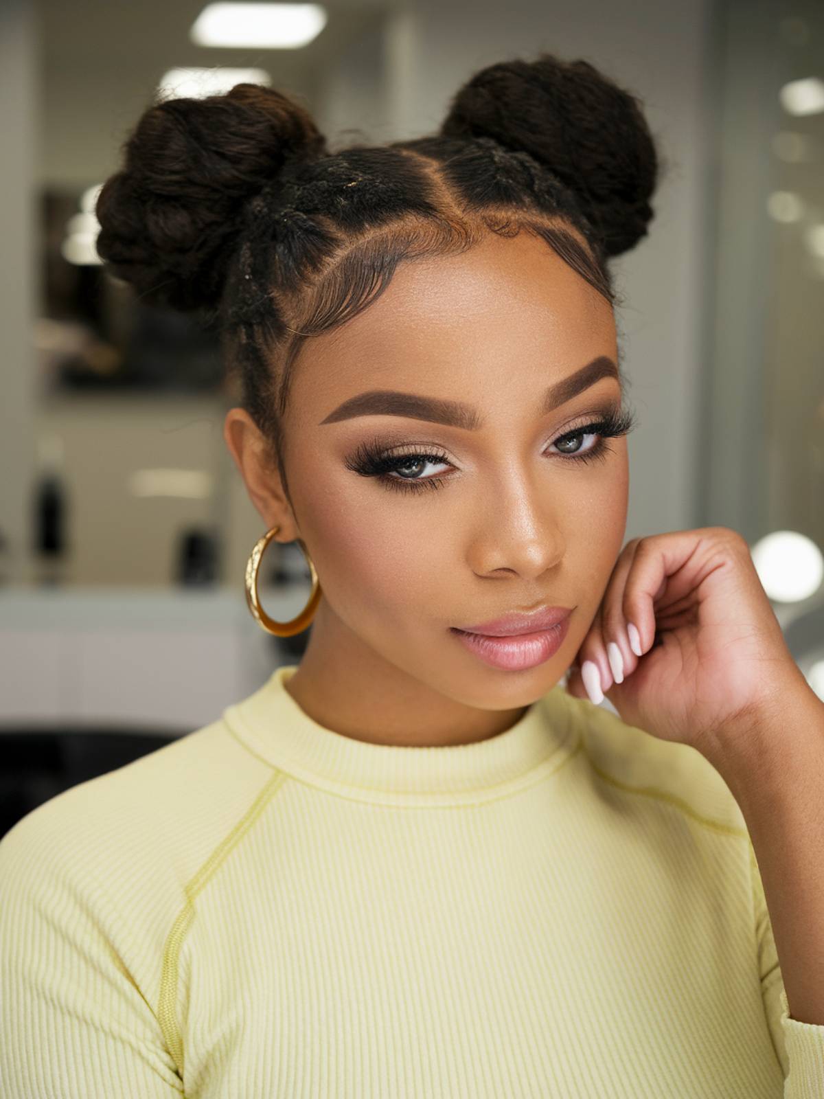 Double bun hairstyle with sleek edges