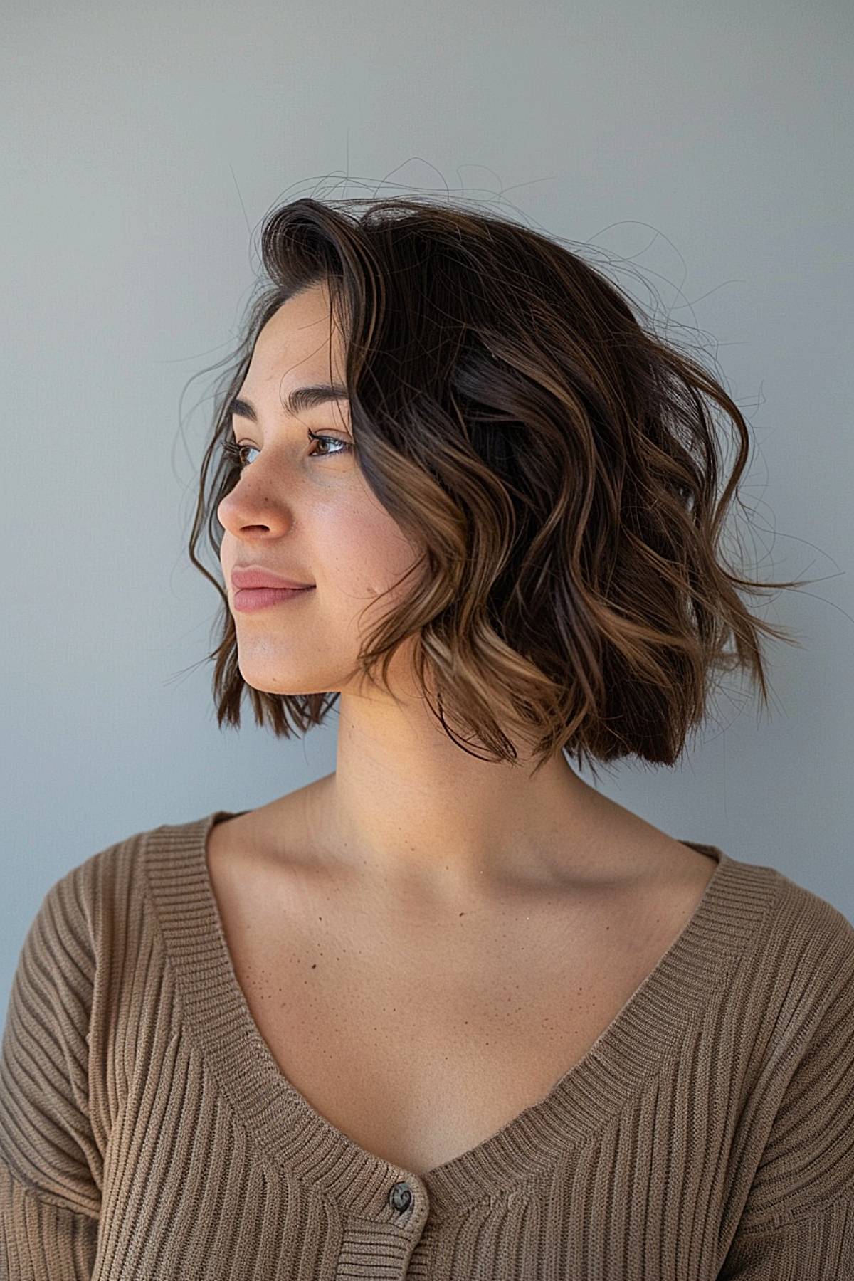 Short wavy bob hairstyle with tousled texture