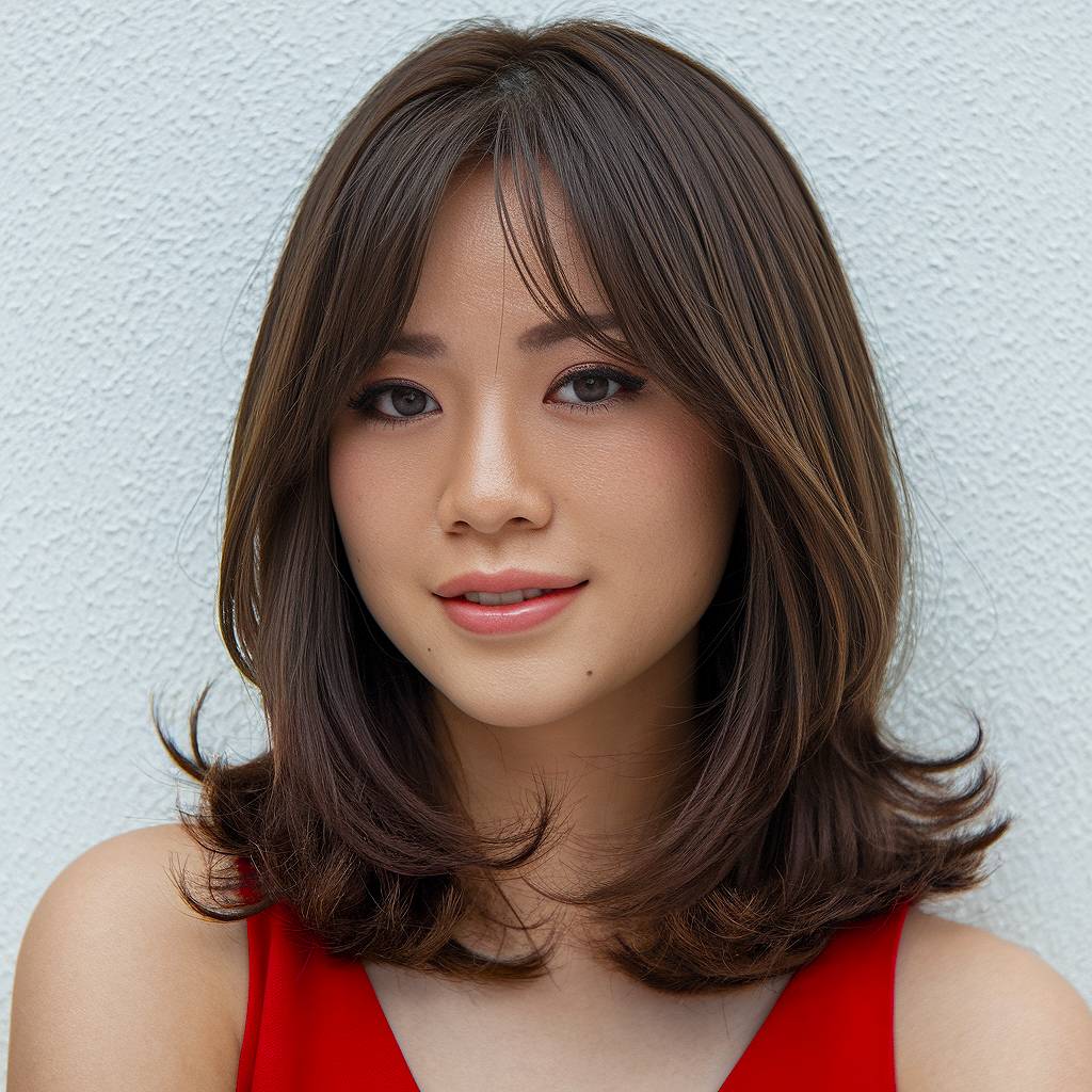 Medium-length simple layered haircut with flipped-out ends and curtain bangs