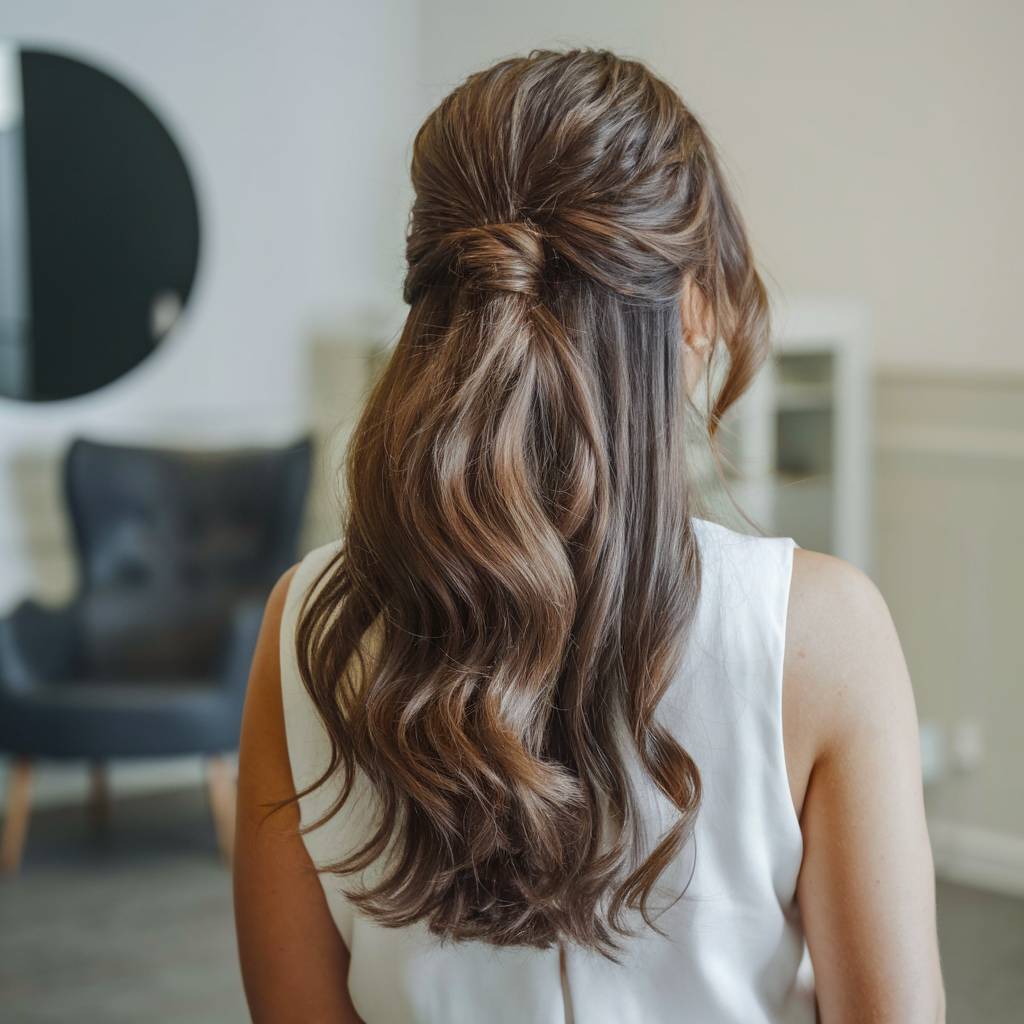 Soft half-up wavy simple hairstyle with wrapped hair tie for natural volume