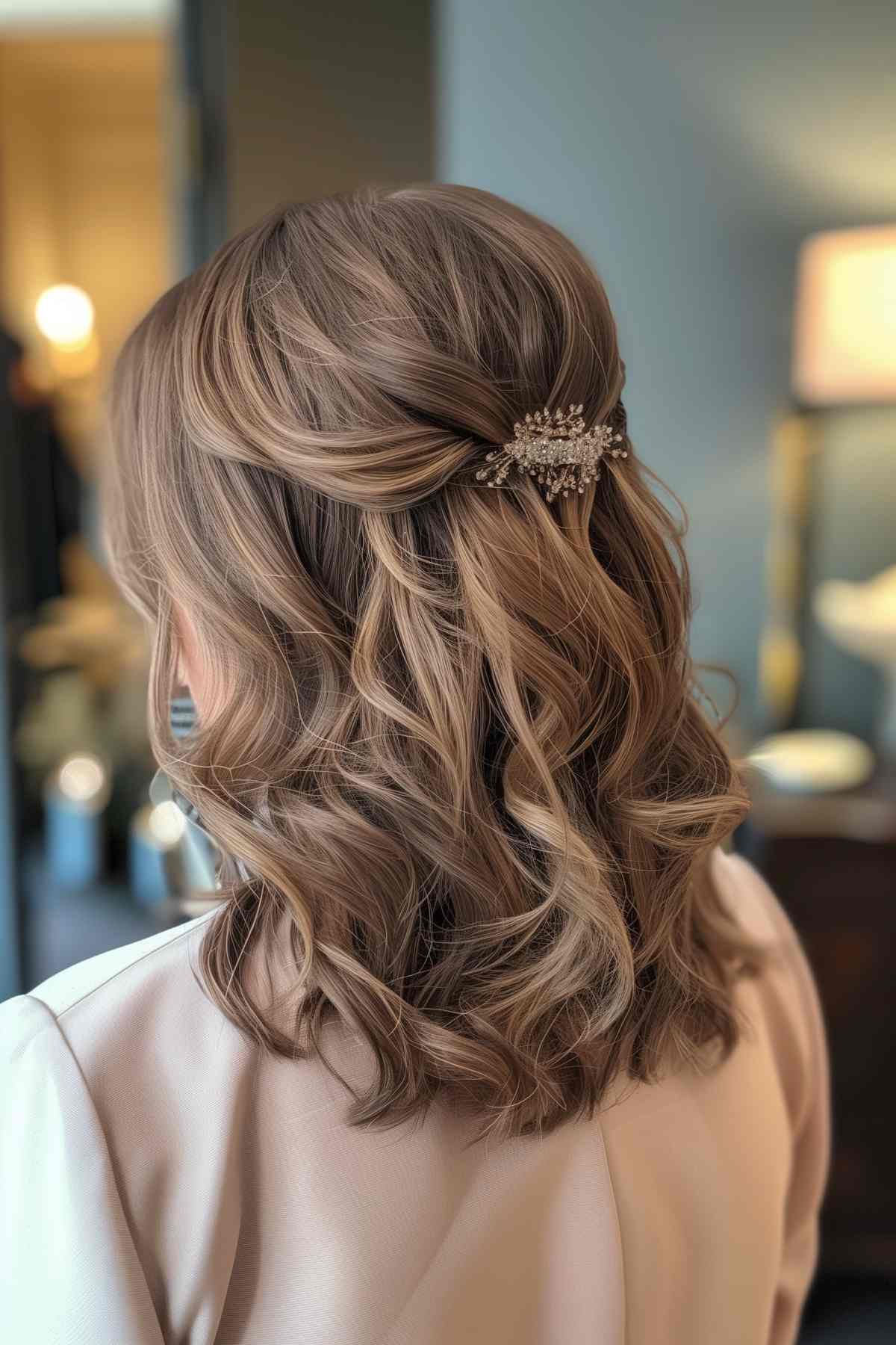 Simple half-up hairstyle with soft curls and a jeweled hairpin