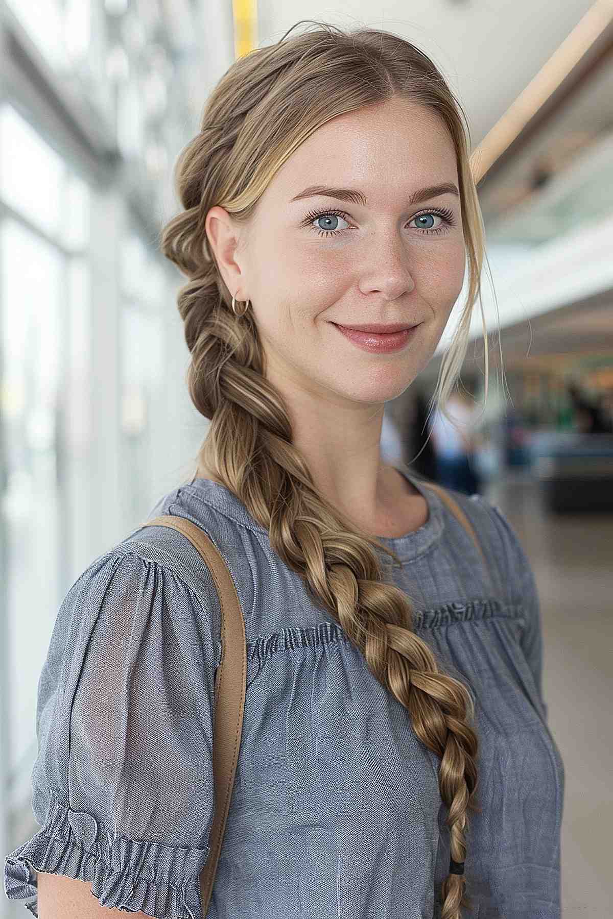 Woman with a simple loose side braid at the airport