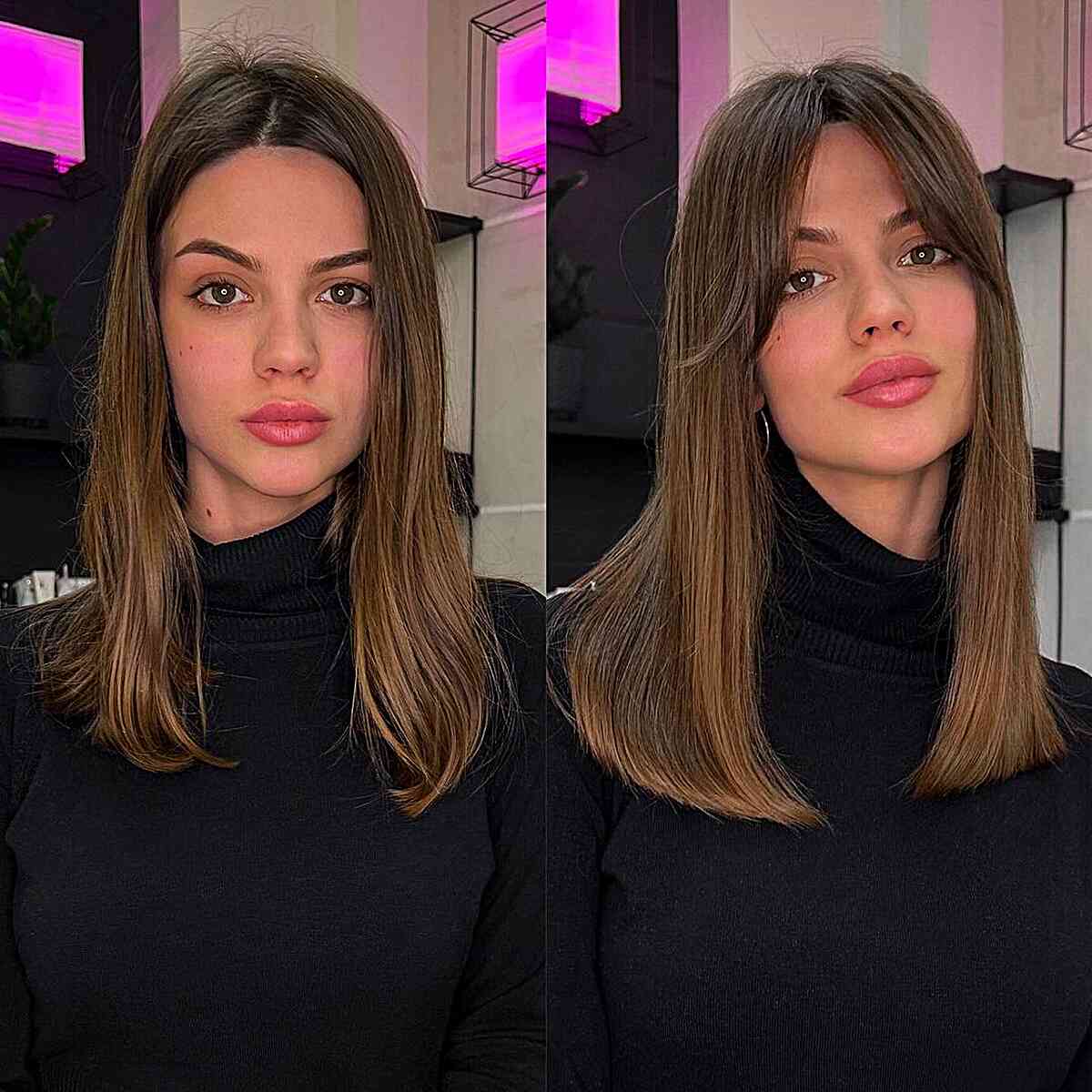 Simple Mid-Length Haircut with Curtain Fringe for women with oval faces