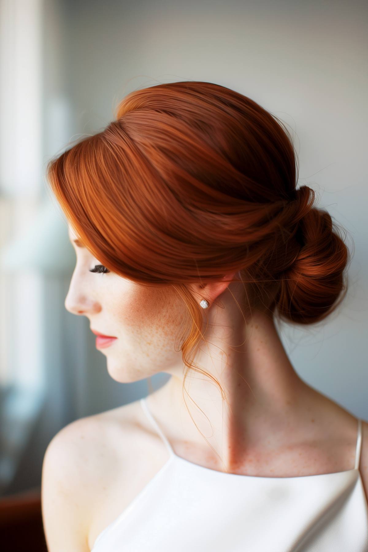 Elegant simple tucked roll updo in vibrant copper, ideal for elongating the neck and complementing formal attire.