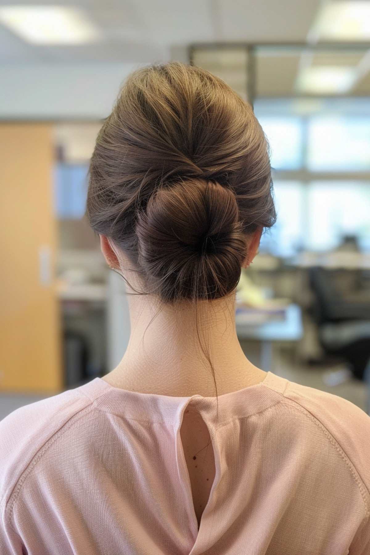 Simple updo bun hairstyle for teachers with medium to long hair