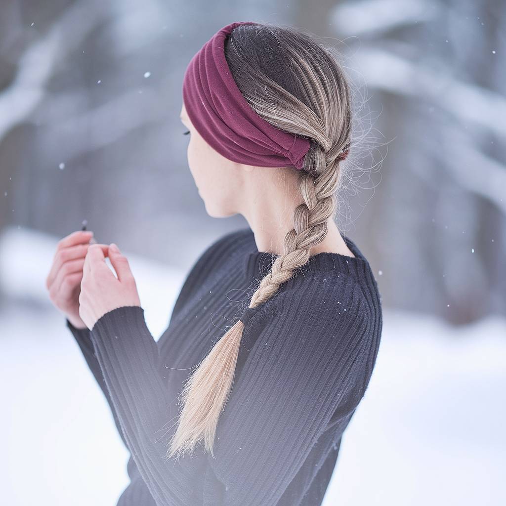 Winter-ready long hairstyle with side braid and cozy headband