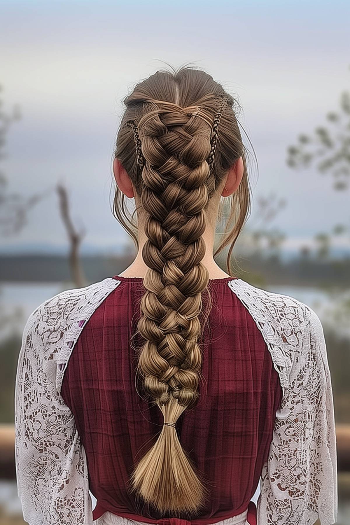 Complex six-strand bubble braid providing texture and volume for an intricate and stunning hairstyle.