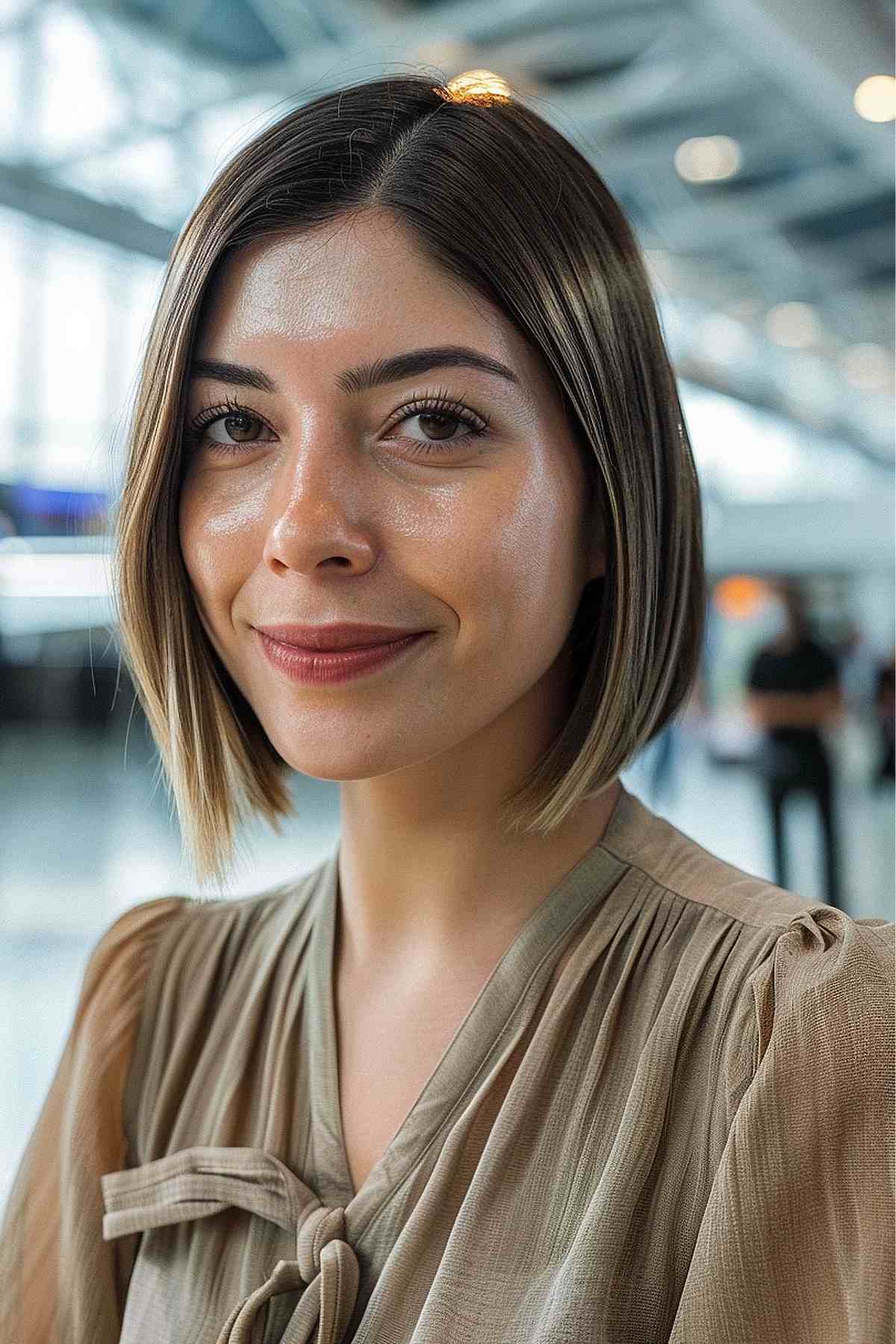 Woman with sleek chin-length bob hairstyle for thin hair at the airport