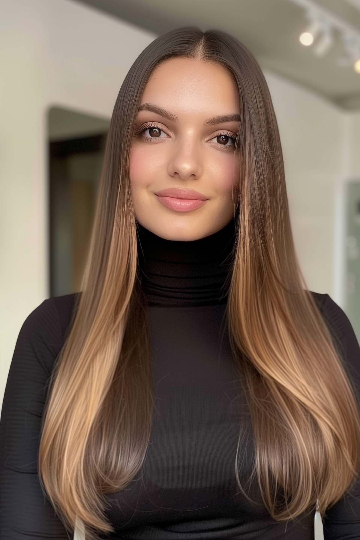 Woman with sleek and straight long hair with subtle layers