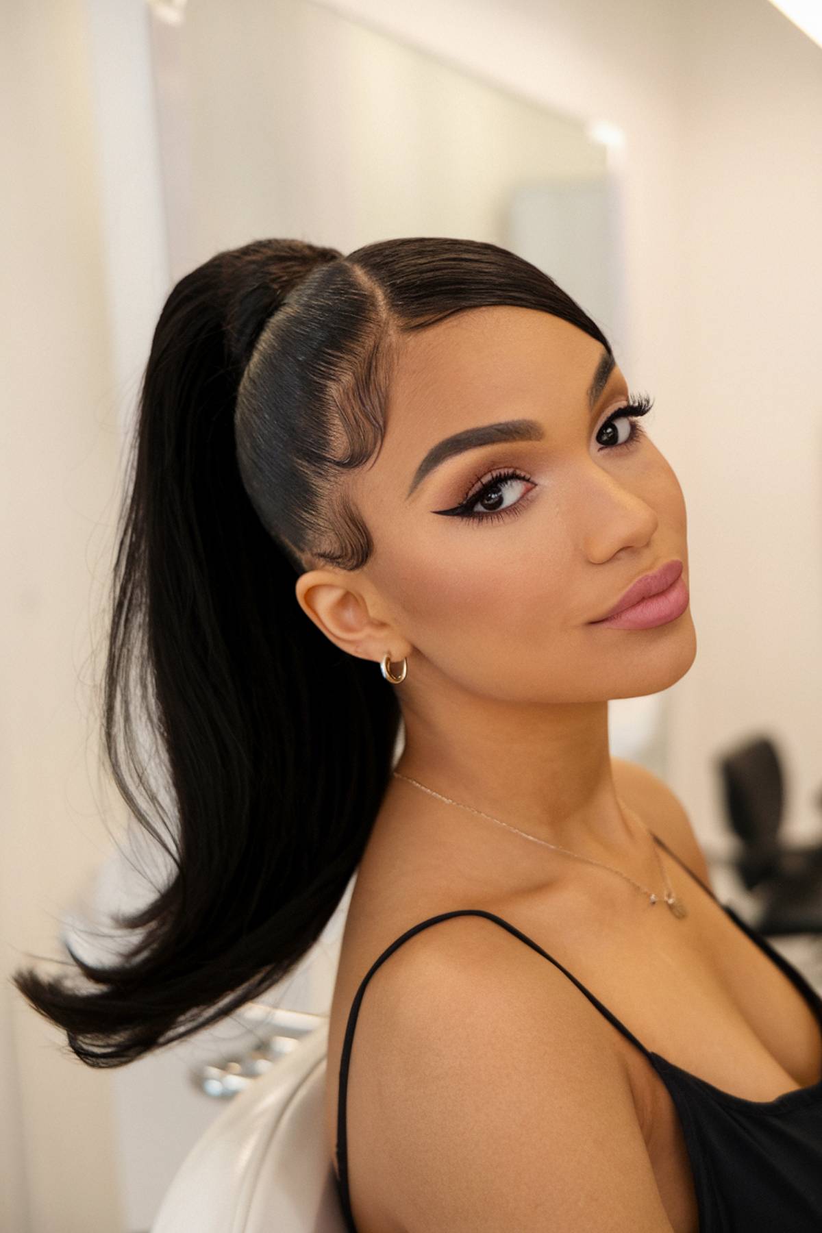 Straight high ponytail with sleek edges