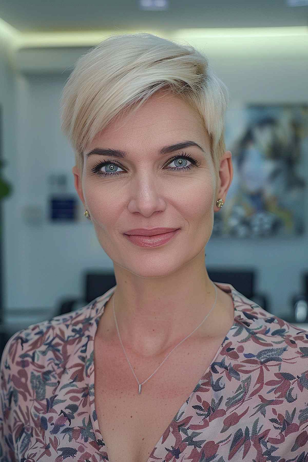 Sleek blonde asymmetrical pixie cut with side-swept fringe