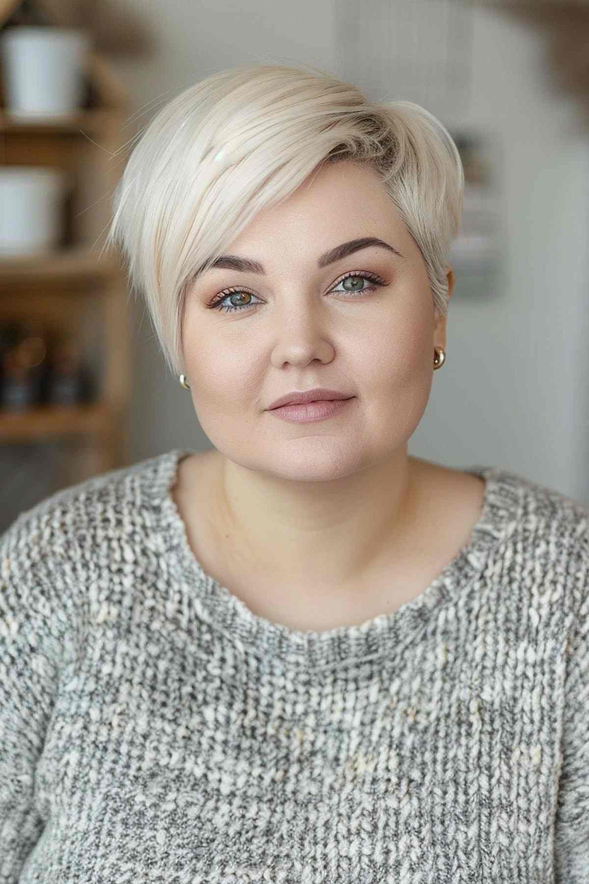 Sleek blonde pixie bob with side-swept bangs for fine hair