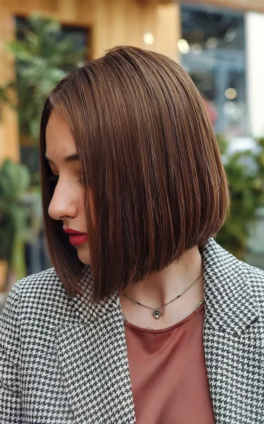 A sleek blunt bob for dark brown hair