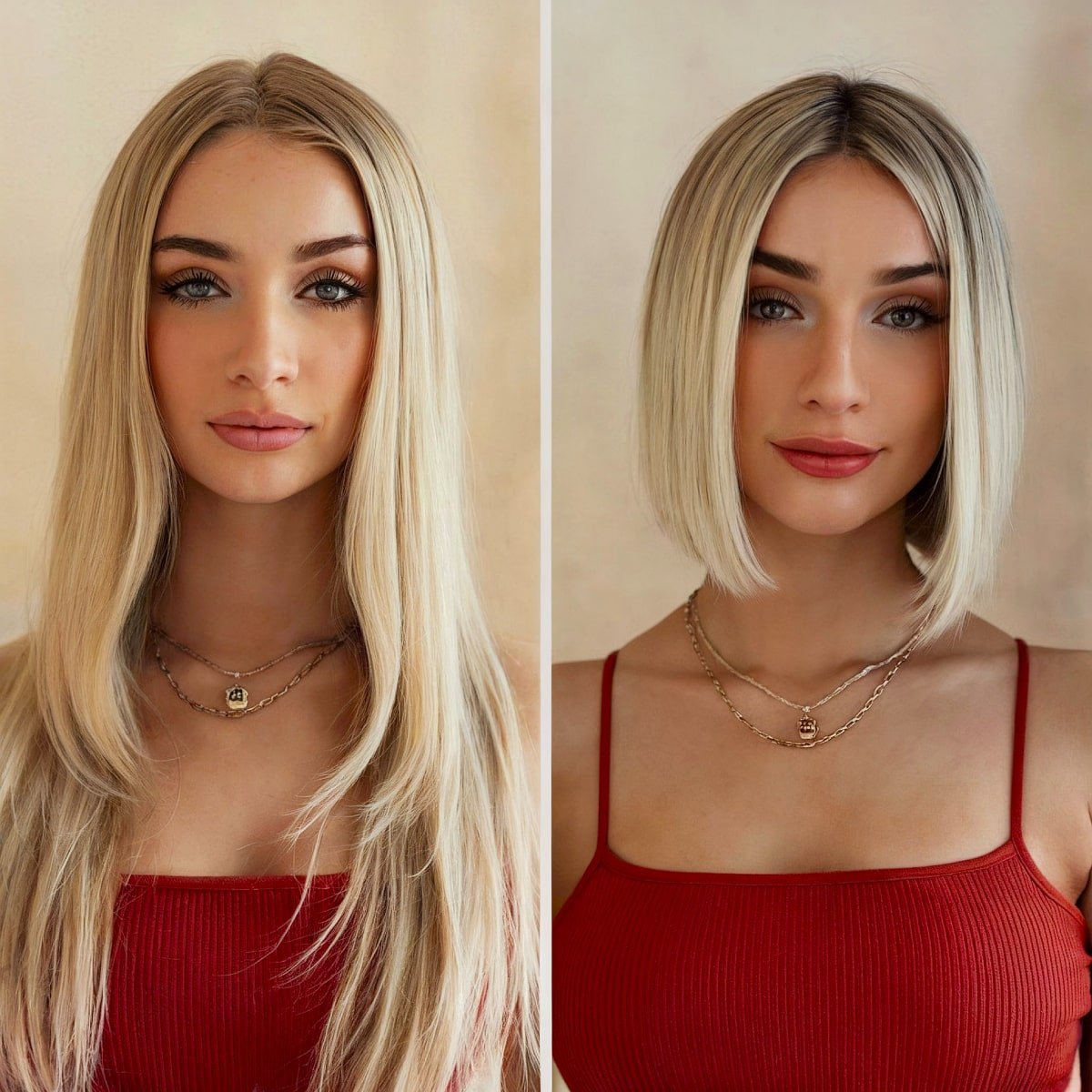 Before and after of long blonde hair transformed into a sleek jaw-length blunt bob with a center part