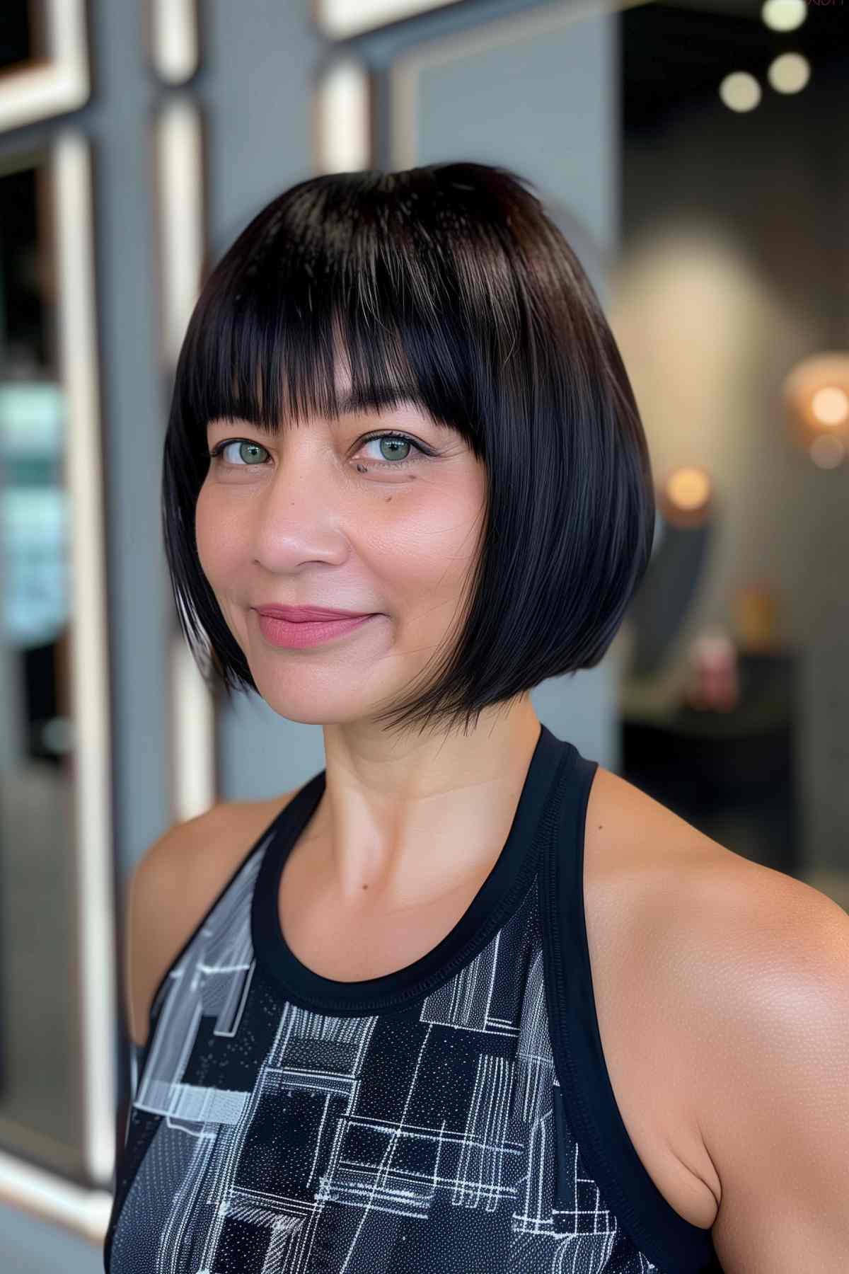 Woman with a sleek bob haircut and straight bangs, perfectly framing the face for a sporty yet stylish look.