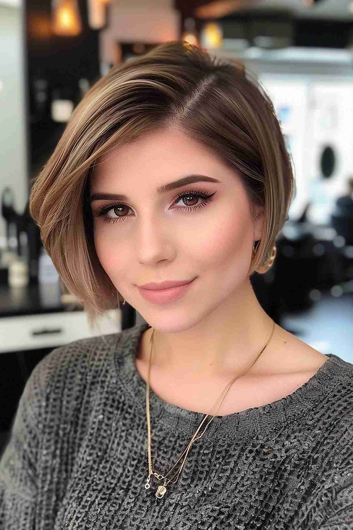 Sleek bob for thin hair with deep side part