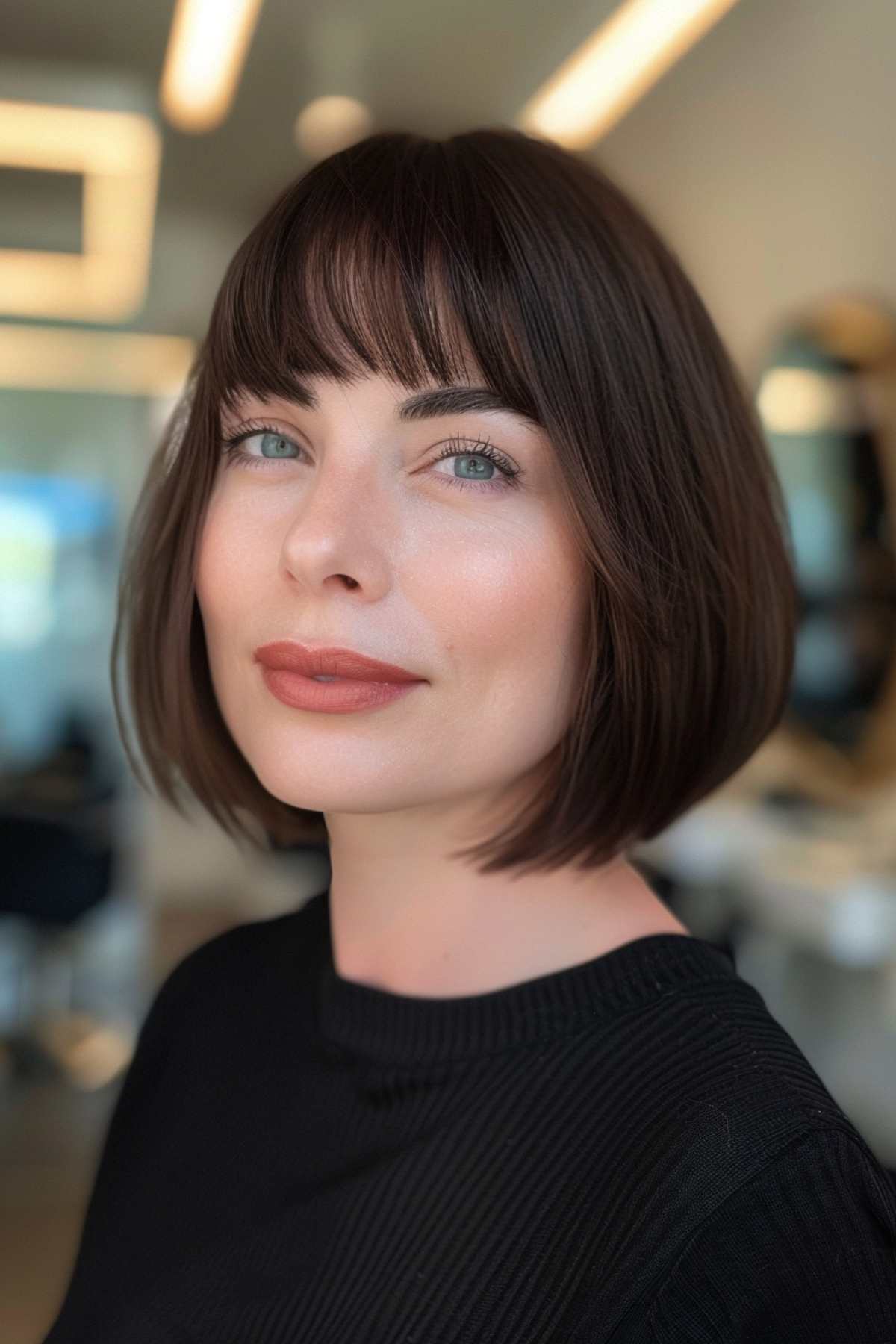 Sleek, straight bob with blunt bangs on a woman with fine to medium hair.