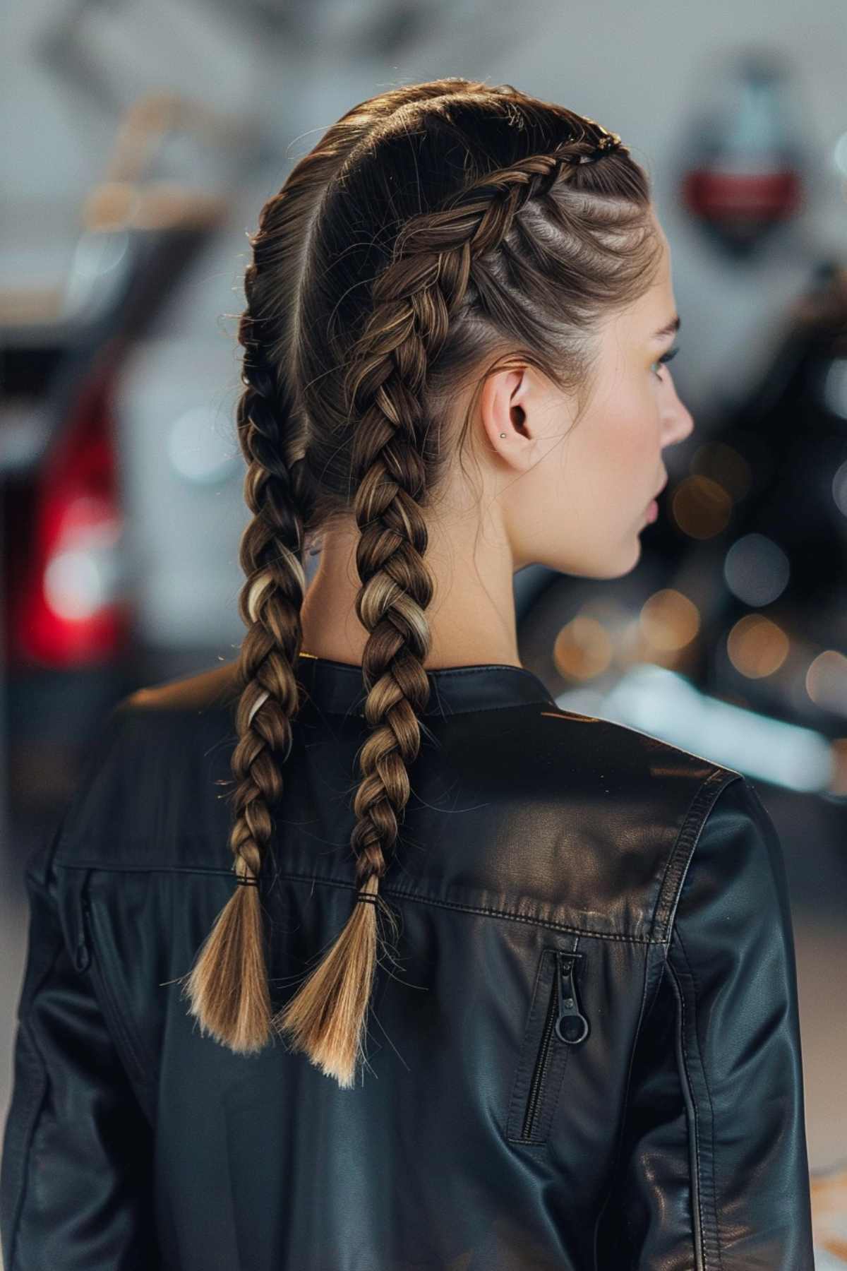 Woman with sleek boxer braids wearing a biker jacket