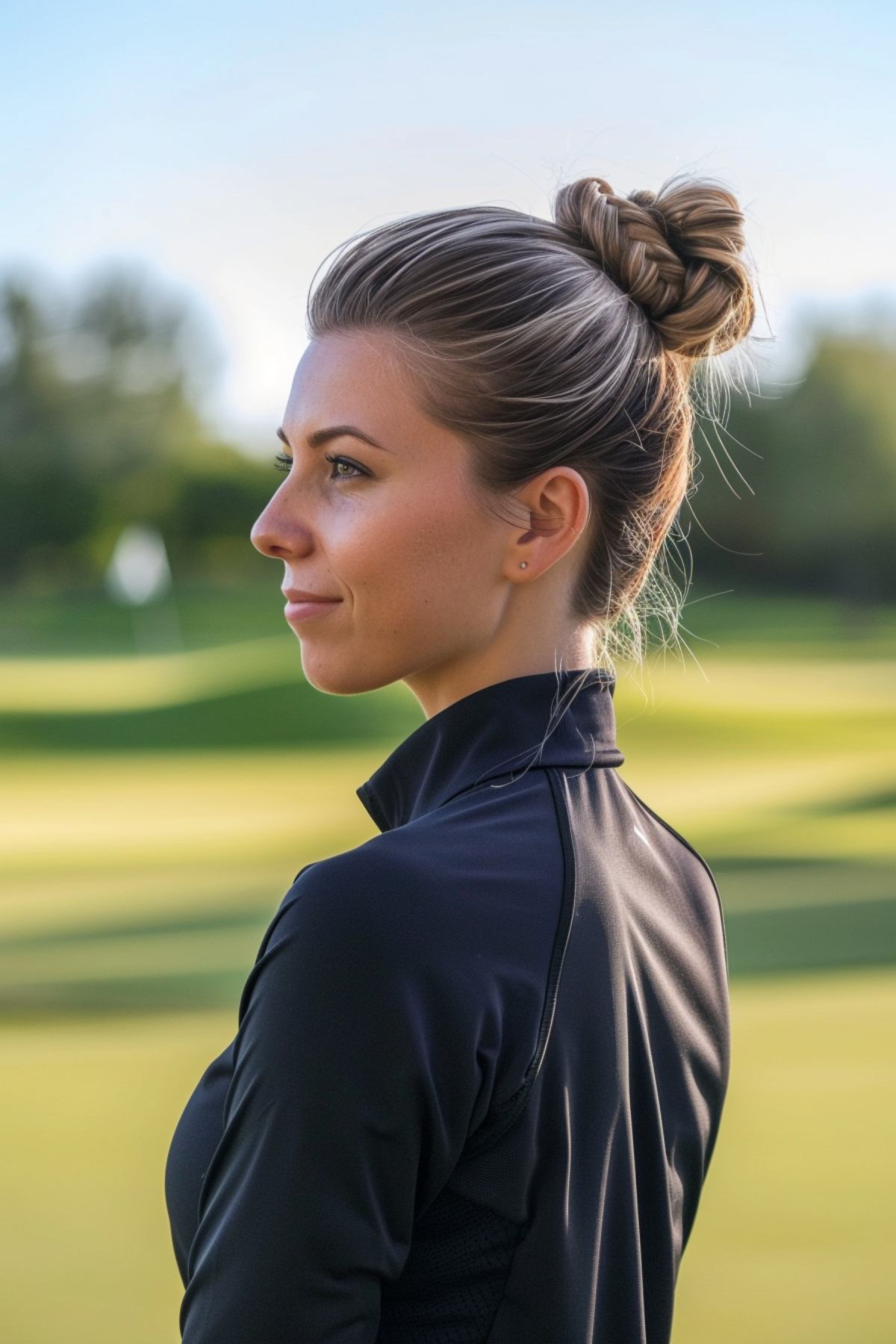 Woman with sleek braided bun, long hair golf hairstyle