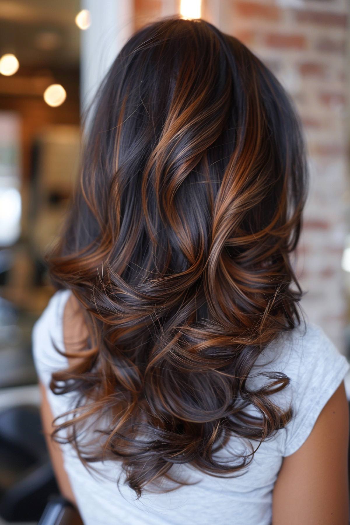 Caramel balayage on dark brown hair for added dimension