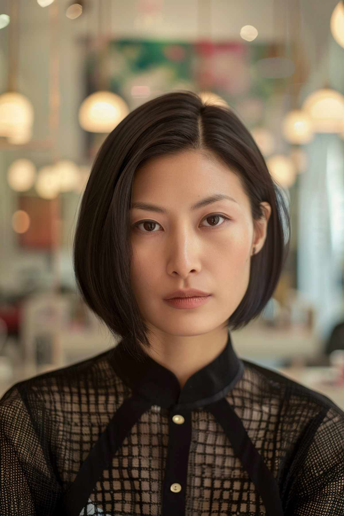 Chin-length sleek Chinese bob with side part on fine, straight hair