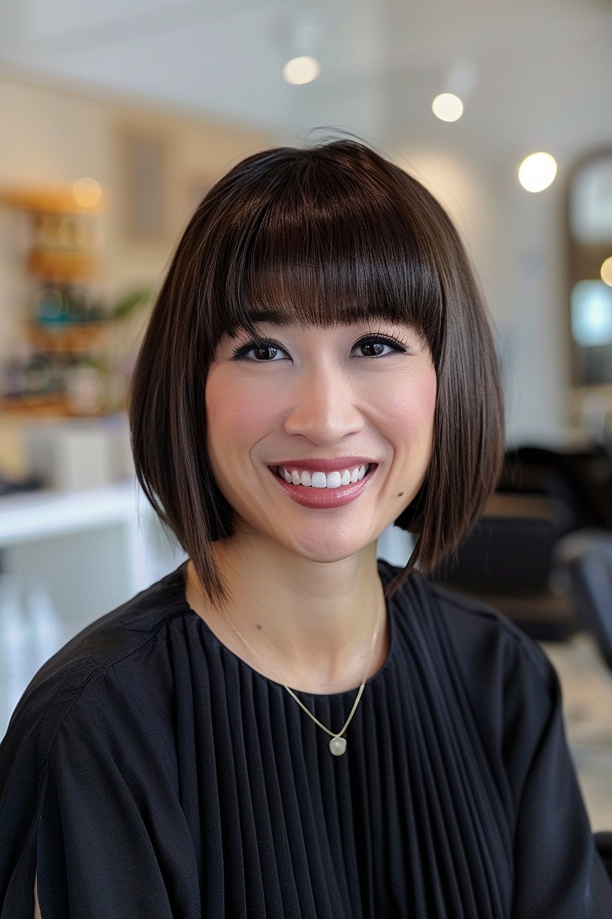 Chinese woman with sleek brunette bob and precision bangs