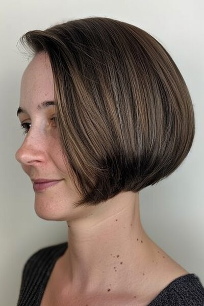 A Short Precision Cut Bob with Chocolate Brown and Ash Blonde Highlights